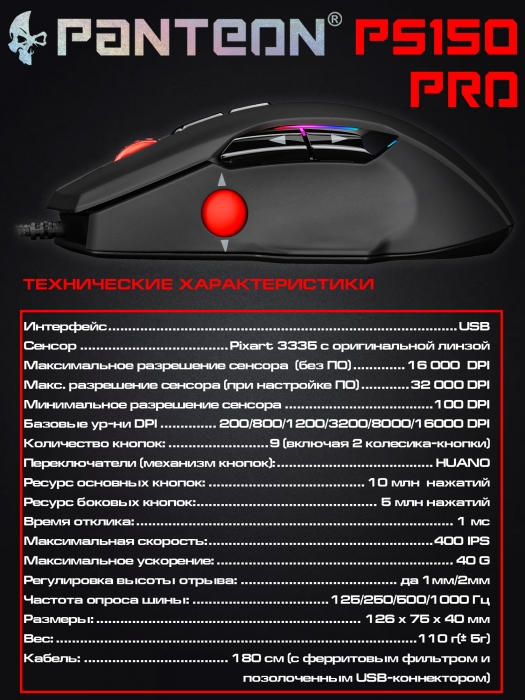 Игровая  программируемая мышь с  ДОПОЛНИТЕЛЬНЫМ КОЛЕСОМ ПРОКРУТКИ и LED-подсветкой RGB CHROMA LIGHT PANTEON PS150 PRO7
