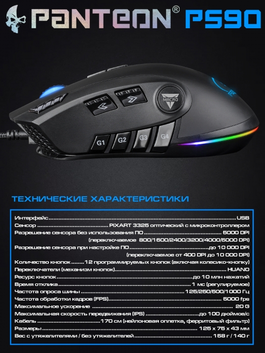 Профессиональная игровая 12-кнопочная программируемая мышь PANTEON PS9012