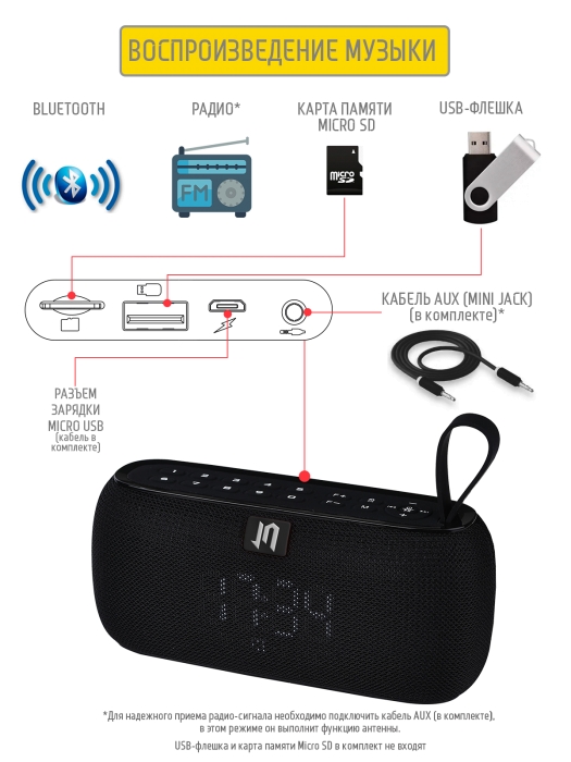 Портативная Bluetooth колонка PBS-90 со встроенными часами и будильником3